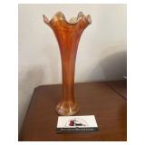 Marigold carnival glass swung vase