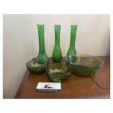Vintage green glass vases and bowls