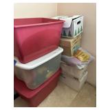 Totes of Christmas decor and lights