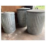 Three Galvanized Trash Cans