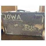 Iowa or bust vintage suitcase