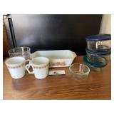 Anchor hocking casserole dish, pyrex mugs and