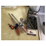 Drills drivers padlock, and screwdrivers