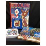 Assorted plates, cake, plates, and giant story