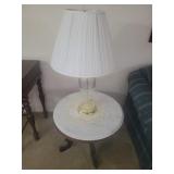 Round wooden table marble top with lamp