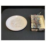 Vintage metal tinsel, and Frankoma Christmas plate