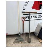 Post hole digger- garden rake - shovel