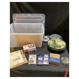 Assorted items, sewing kit, glass, candy dish,
