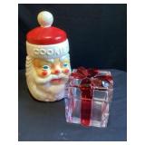 Santa plastic cookie jar and glass gift box treat
