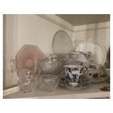 Assorted dishes, cups, and saucers, glassware,