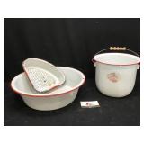 Red and White Enamel Pot and Bowl