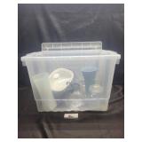 Rubbermaid tote with glass vases & misc