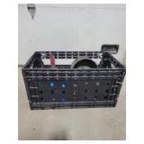 Crate with tape, pans & misc