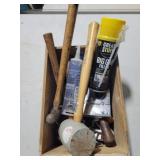Wooden box with hammers, mallets & misc
