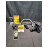 Tire gauge, flashlight, tape & misc