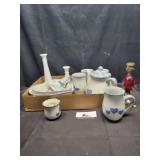 Milk glass vases, tea set & misc