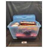 Tote of blankets & misc