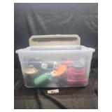 Tote with Pyrex & assorted dishes