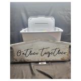 Tote with wooden sign & misc