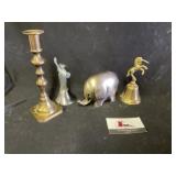 Brass items, bell, bank