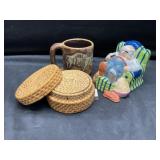 Bank, wicker coasters and stoneware mug