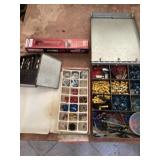 Assorted drill, bits, and electrical terminals