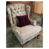 Two blue Back chairs with pillows and 1 foot stool