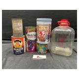 Misc tins and plastic milk jug