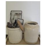 Stoneware crock with utensils