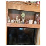 Ceramic figurines, contents of shelf, bring box