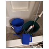 Trashcan, bucket, mops, and watering can