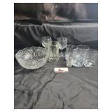 Clear glass punch bowl & assorted glasses