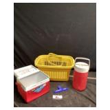 Basket and Coleman cooler and thermos