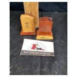 Wooden tombstone, salt, and pepper shakers