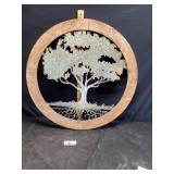 Wood and metal art approximately 33 inches across