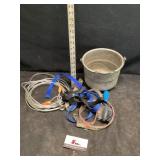 Galvanized, bucket, and dog leash and chain