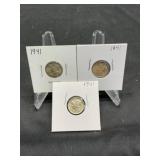 Three 1941 UNC Mercury Dimes