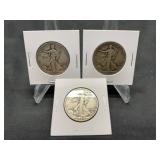 3 Walking Liberty Halves 1939,1942-D,1943-S