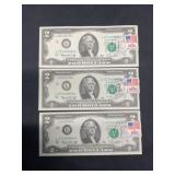 Three 1976 $2 Bill w/Stamp Cancel