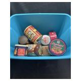 Tote of misc tin cans