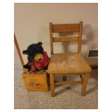 Wooden chair, box & bear