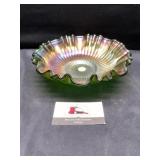 Green carnival glass ripple edge bowl