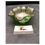 Green carnival glass candy dish