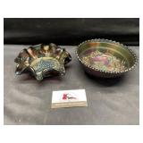 Iridescent, carnival glass dishes