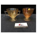 Carnival glass sugar bowl and creamer