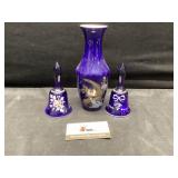 Blue glass vase, painted bells