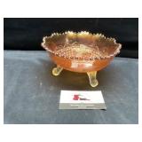 Marigold carnival glass footed bowl
