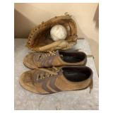 Vintage bowling shoes, glove, and ball