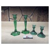 Green glass candle stick holders
