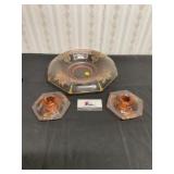 Pink depression glass dish and candle holders
